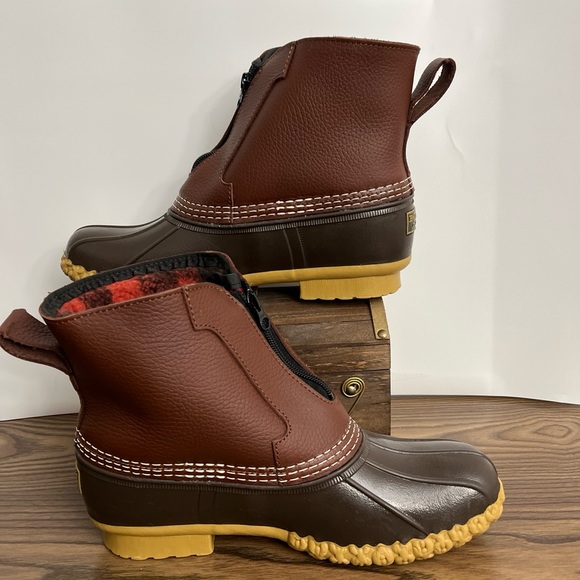 LL Bean Brown Leather 7" Front Zip Fleece Lined Insulated Duck Boots Women sz 9 - Picture 3 of 12